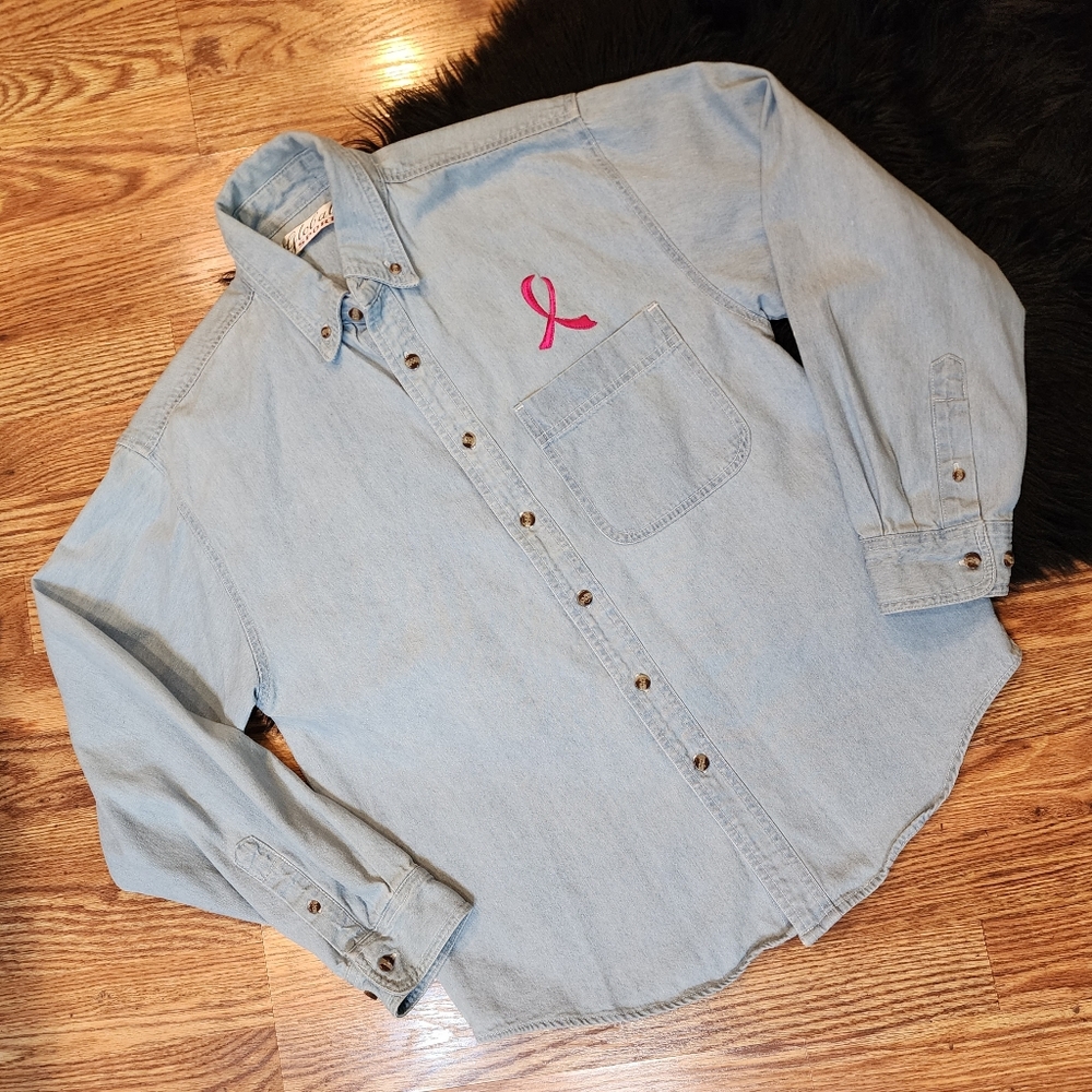 Light Blue Denim Shirt with Pink Breast Cancer Ribbon Womens Size S
